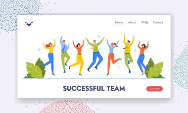 Başarılı İniş Sayfası Şablonu. Mutlu İnsanlar Zıplıyor, Genç Neşeli Ofis Çalışanları veya İş Karakterleri Atlıyor