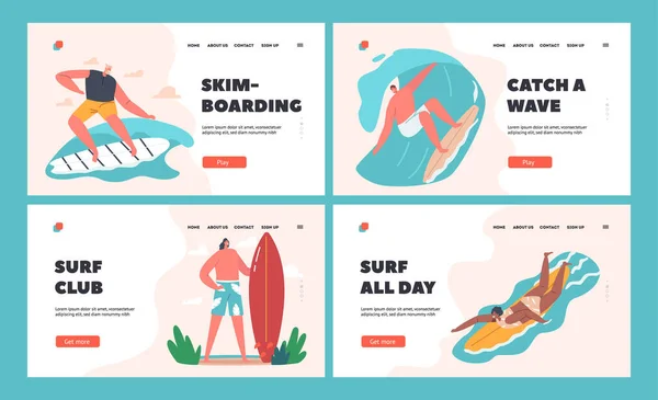 サーフィンスポーツランディングページテンプレートセット。サーファーのキャラクター海の波による水着乗馬サーフボードの男性と女性 — ストックベクタ