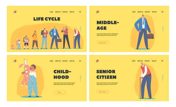 Male Character Life Cycle Landing Page Template. Wachstum und Alterungsprozess. Glückliche Menschen Baby, Kind, Teenager und alte Männer — Stockvektor
