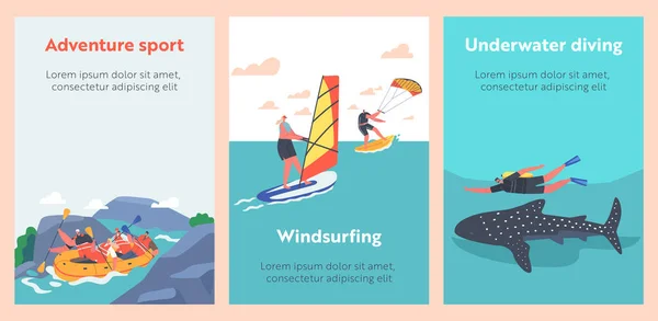 Mensen Extreme Zomer Watersport Activiteit Tekenfilm Banners. Windsurfen, Vliegboord, jetskiën en duiken met Shark — Stockvector