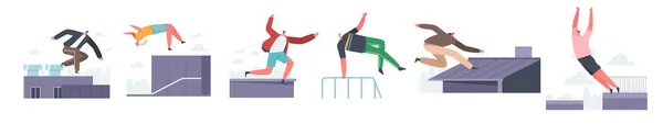 City Parkour Concept. Jeunes hommes ou femmes sautant par-dessus les murs et les barrières, sports urbains, mode de vie actif, activité sportive — Image vectorielle