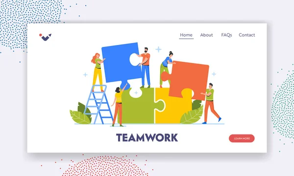 Деловые люди Teamwork Landing Page Template. Группа сотрудников Office настроила огромные разноцветные части головоломки — стоковый вектор