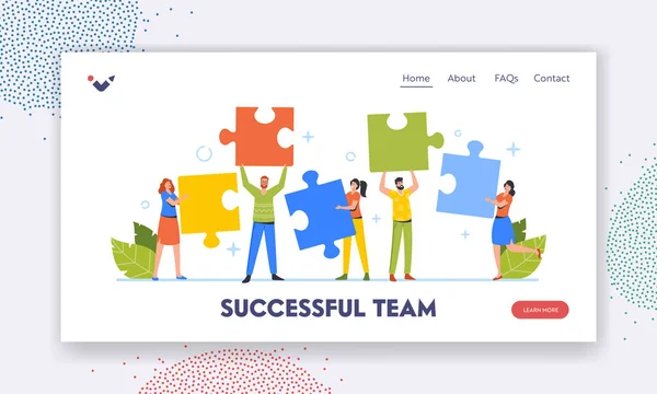 Sikeres Team Landing Page Sablon. Üzletemberek csapatmunka, kollektív partnerség. Irodai emberek rejtvényekkel — Stock Vector