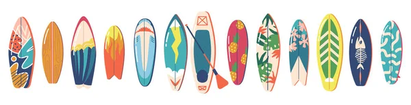 Conjunto de pranchas de surf com diferentes desenhos padrão brilhantes e incomuns. Várias mesas de surf, coleção de pranchas de surf — Vetor de Stock