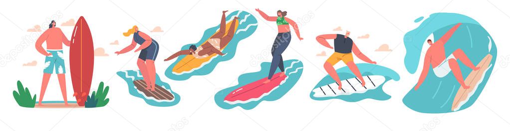 Set of Surfers Male and Female Characters, Surfing Sport, Men and Women in Swimwear Riding Surf Boards by Ocean Waves