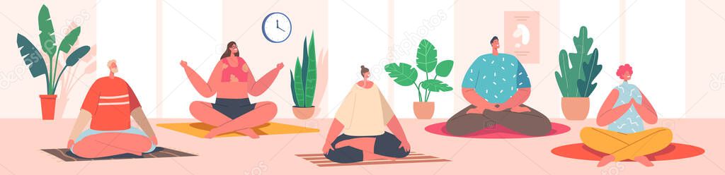 Male and Female Characters Yoga Class and Sport Activities. Yogi Men and Women Meditate in Hall Sitting in Lotus Posture