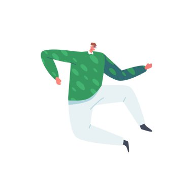 Günlük kıyafetlerle atlayan yetişkin sakallı adam. Yeşil Süveter, Şapka ve Beyaz Pantolon Giyen Mutlu Üst Sınıf Erkek Karakteri