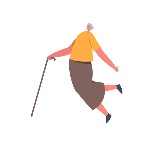 Happy Elderly Woman with Walking Cane Jump and Feel Excitement, Senior Female Character Positive Emotions, Rejoice