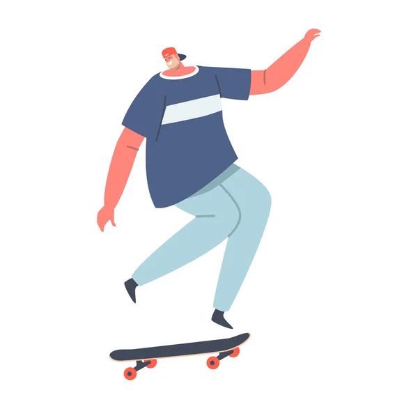 Uomo maturo in Abbigliamento Moderno e Cap Jumping su Skateboard. Barbuto Skateboarder personaggio maschile all'aperto Attività — Vettoriale Stock
