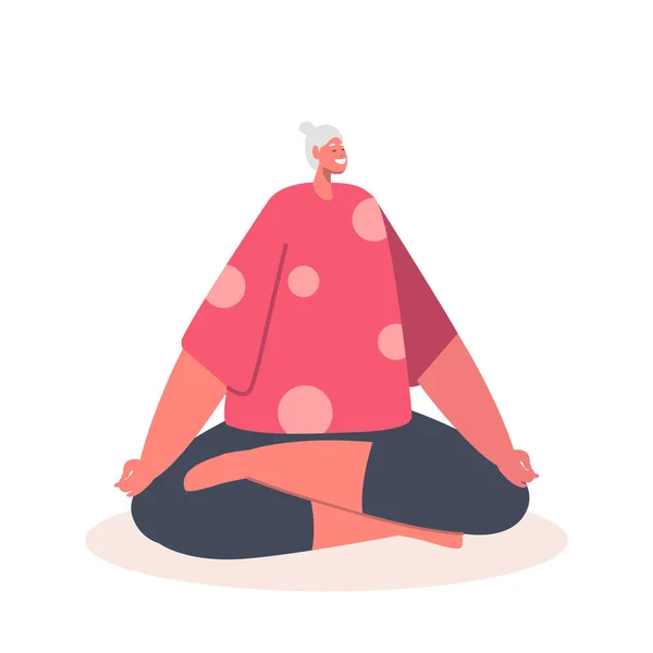 Oudere vrouwelijke karakter Mediteren in Lotus Pose, Old Woman Yoga, Gezonde Lifestyle, Ontspanning Emotionele evenwicht — Stockvector