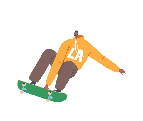 African Teen Boy Skateboarding Aktivität. Junger Mann skatet Longboard, springt und macht Stunts und Tricks, Skater-Lifestyle — Stockvektor