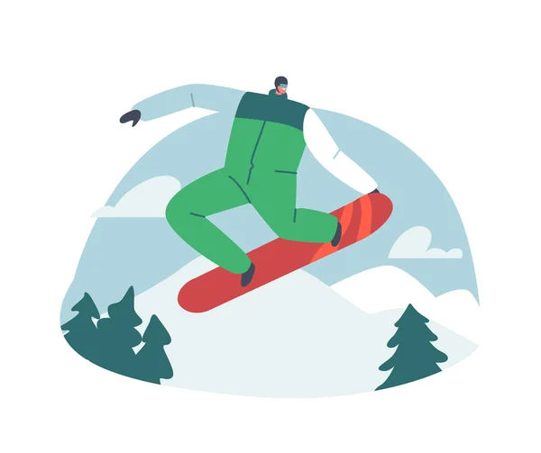 Happy Snowboarder Riding Snowboard by Snow Slopes zur Winterzeit Urlaub. Sportler mit Spaß im Skigebiet — Stockvektor