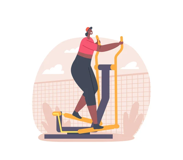 African Woman Run on Treadmill in House Yard. Athletic Young Girl in Sportswear Hacer ejercicio para ser delgado. Fitness al aire libre — Archivo Imágenes Vectoriales