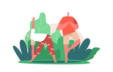Sağlıklı ve mutlu emeklilik kavramı. Yoga yapan yaşlı çift veya spor yapan yaşlı çift. Asana 'da Yaşlı Karakterler Duruyor