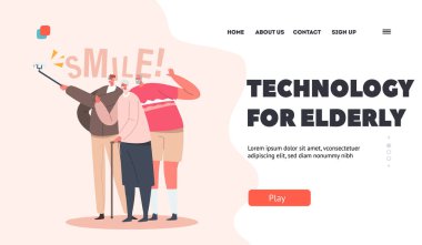 Yaşlılar İniş Şablonu Teknolojisi. Yaşlı Adam ve Kadın Selfie Yapıyor. Neşeli Kıdemli Karakterler Hippiler