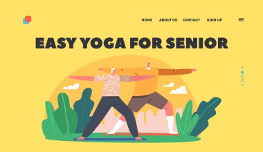 Kıdemli İniş Sayfası Şablonu için Kolay Yoga. Yoga yapan yaşlı bir çift. Yaşlı Karakterler Asana Poz Duruyor