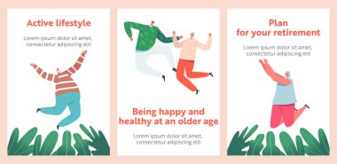 Mutlu Son Sınıflar Çizgi Film Sancakları. Kaldırılmış Ellerle Sıçrayan Yaşlılar. Yaşlı erkekler ve kadınlar Neşe ve Mutluluk