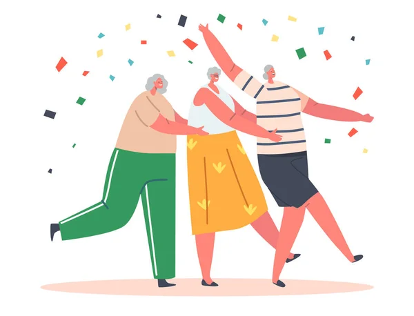 Old Girlfriends Dance Conga, Senior Women Stand in Row Tenez-vous les uns les autres avec des confettis autour. Personnes âgées Sparetime — Image vectorielle