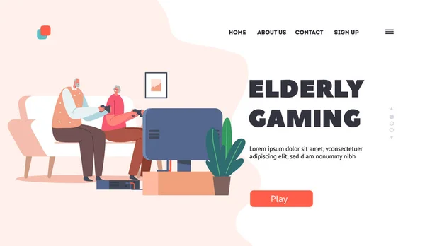 Starší šablona Gaming Landing Page. Pár postav hraje videohry. Happy Senior Man, Woman Fun — Stockový vektor