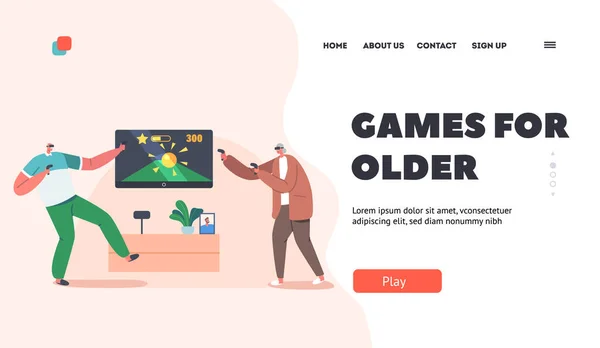 Giochi per Anziani Landing Page Template. Uomo anziano e donna indossano occhiali di realtà virtuale giocare video gioco sparare con le pistole — Vettoriale Stock