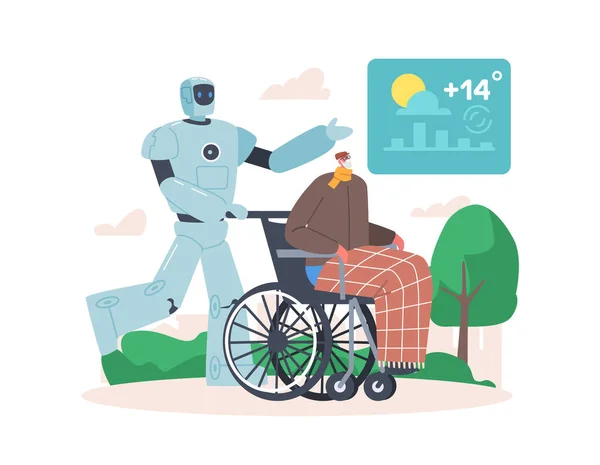 障害のあるシニア男性キャラクターとサイボーグ介護者歩く車椅子に座っています。障害者へのロボットヘルプ. — ストックベクタ