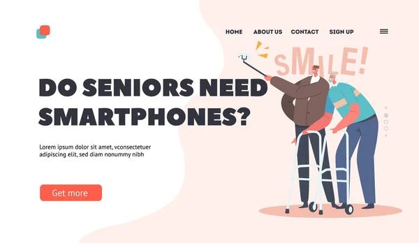 Senior Smartphones Landing Page Template. Orang Tua Menggunakan Perangkat Cerdas. Karakter Pria Berusia Membuat Selfie - Stok Vektor