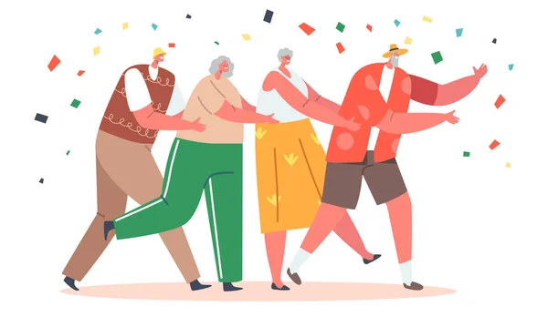 Los pensionistas personajes bailan en fila, los ancianos hacen cola bailando Conga con Confetti cayendo. Hombres y mujeres mayores — Archivo Imágenes Vectoriales