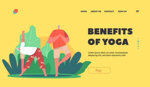 Vantaggi di Yoga Landing Page Template. Coppia anziana che fa yoga o esercizio di fitness. Personaggi anziani in piedi in Asana — Vettoriale Stock