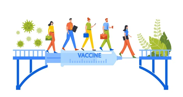Vaksin sebagai Jembatan dari Konsep Masalah. Karakter Laki-laki dan perempuan melintas di atas Syringe Besar dengan Obat Coronavirus - Stok Vektor