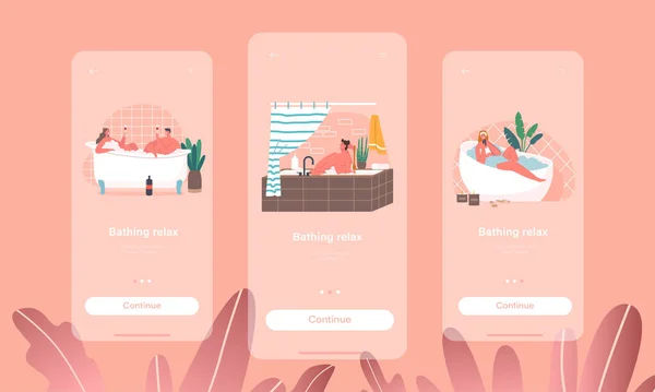 Bathing Relax Mobile App Page Onboard Screen Template. Charaktere Hygiene, Waschgang, Menschen beim Duschen, Datum — Stockvektor