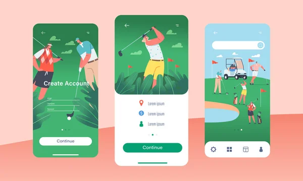 Happy People on Golf Field Mobile App Page Plantilla de pantalla a bordo. Deportes de verano, Actividad de diversión al aire libre — Vector de stock