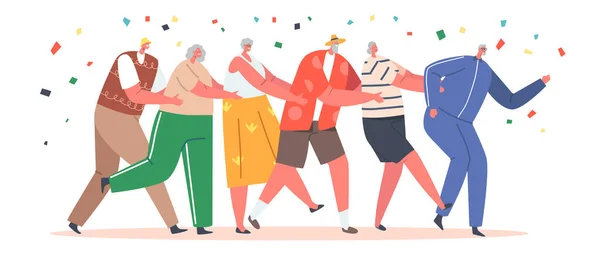 Old People Dance Conga Fique em fila com Confetti caindo. Idosos ativos Homens e Mulheres Avós Festa — Vetor de Stock