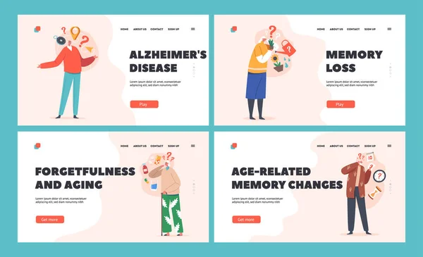 Conjunto de plantillas de página de aterrizaje para personas mayores con Alzheimer. Personajes mayores Pensando, Abuelos confundidos Olvidar — Vector de stock
