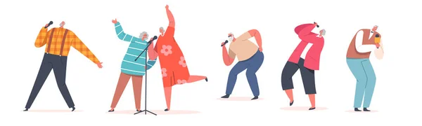 Set Old People Dancing and Singing in Karaoke Club Concept (en inglés). Los personajes masculinos y femeninos mayores cantan con micrófonos — Vector de stock