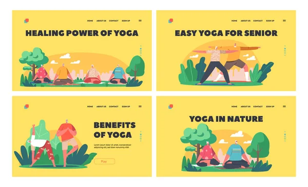 Yoga per anziani Landing Page Template Set. Personaggi Meditare in Green City Park. Anziani Vita sana attiva — Vettoriale Stock