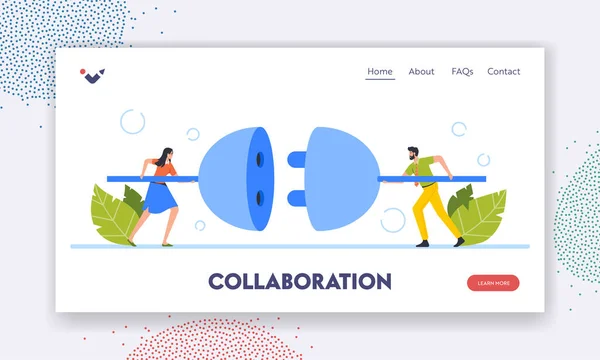 Business Connection, Collaboration Landing Page Template. Personnages d'affaires minuscules connectant la prise et la sortie énormes — Image vectorielle
