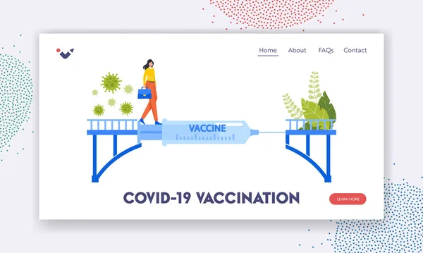 Modelo de página de aterrissagem de vacinação Covid-19. Mulher Caminhe pela Ponte com Vacina Covid, Solução de Problemas Conceito —  Vetores de Stock