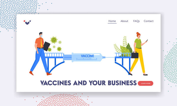 Vaccine and Business Landing Page Template. Bridge from Problems. Male and Female Characters Cross over the Huge Syringe