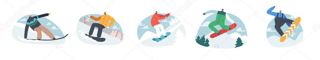 Set of Adult People Dressed in Winter Clothes Snowboarding Sparetime. Male Female Snowboard Riders Characters Having Fun