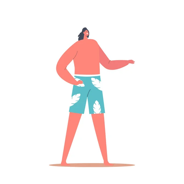 Młody mężczyzna z charakterem nosi spodenki kąpielowe z nagim stanikiem na plaży, mężczyzna na wakacjach, wakacje w kurorcie — Wektor stockowy