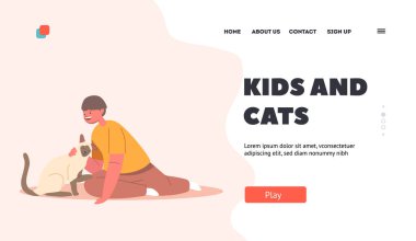 Çocuklar ve Kediler İniş Sayfası Şablonu. Sevgi, Hayvanlara Şefkat, Çocuk Kucaklaşması ve Kedi, Evcil Hayvana Küçük Çocuk Kucaklaşması