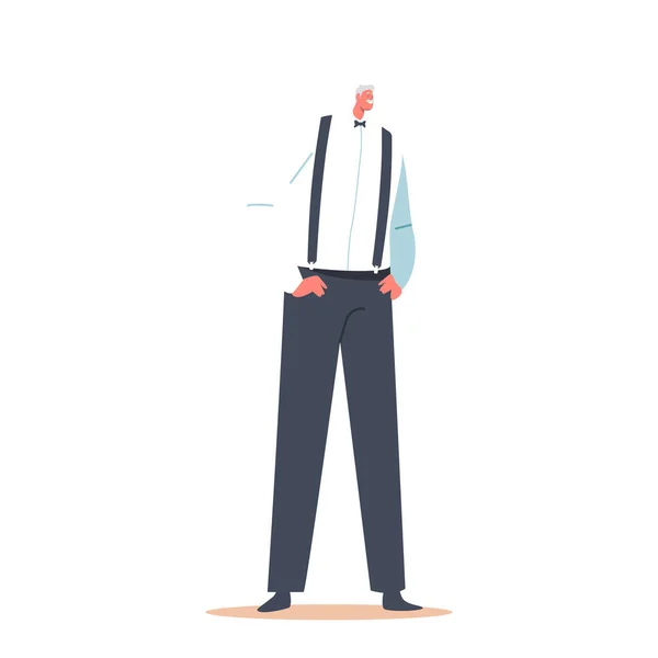 Senior Gentleman Ženich, Starší Novomanželský charakter nosit kalhoty na závěsech s rukama v kapsách, Starý usměvavý muž — Stockový vektor