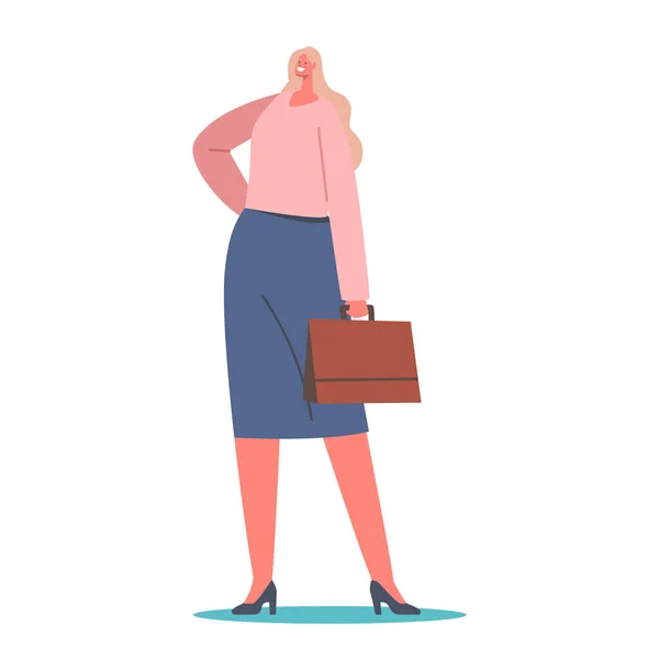 스타일의 금발의 비지니스 우먼은 트 렌 디 아웃핏 핑크 블라우스 (Trendy Outfit Pink Blouse), 블루 스커트 (Blue Skirt), 핸드백 (Handbag) 을 입는다. 여성의 스타일에 대한 유행 — 스톡 벡터