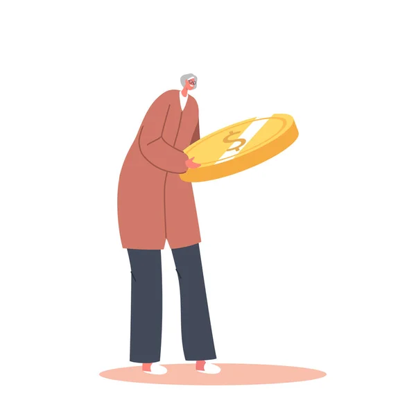 Concetto di pensione, ricchezza e pensione. Piccola donna anziana con una moneta d'oro enorme. Crescita degli investimenti, investitore con denaro — Vettoriale Stock