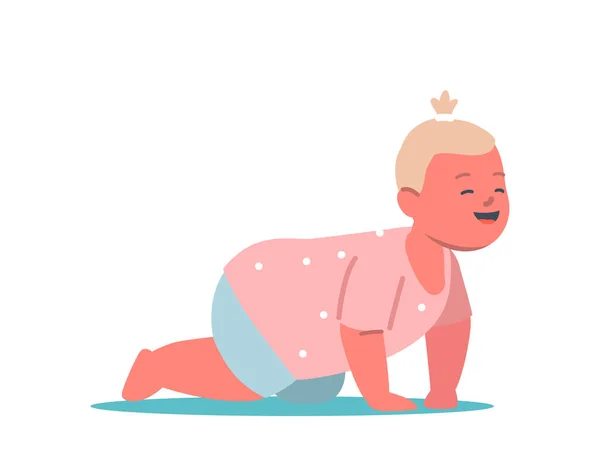 Bambina in pannolini strisciare sul pavimento isolato su sfondo bianco. Carino allegro sorriso bambino personaggio femminile — Vettoriale Stock