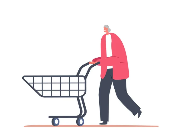ショッピングカート付きハッピーシニア女性ウォーク,スーパーマーケットや食料品で陽気な女性キャラクター購入,高齢者買い手 — ストックベクタ