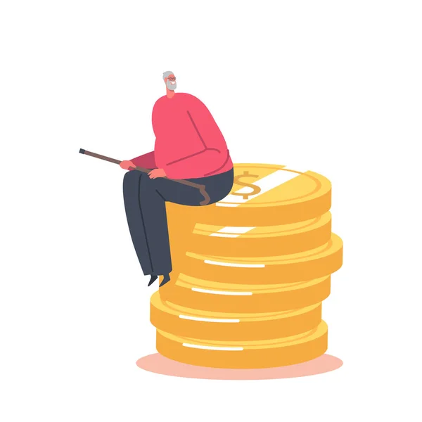 年金貯金、裕福な退職概念、幸せなシニア男性キャラクターが黄金のコインの巨大な山に座っている — ストックベクタ