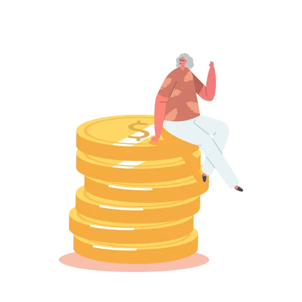 황금 동전의 거대 한 말뚝 위에 앉아 있는 행복 한 나이든 여성 캐릭터. 재정적 부, 투자 촉진의 개념 — 스톡 벡터