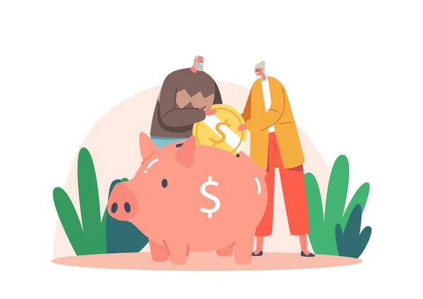 Épargne de la caisse de retraite, hommes et femmes âgés personnages mis pièce à Piggy Bank se réjouissent d'obtenir la pension de retraite — Image vectorielle