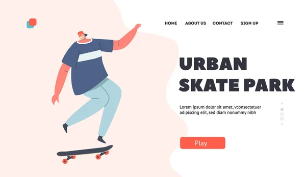Modelo de página de aterragem do parque de skate urbano. maduro homem no moderno roupa e tampão saltando no skate — Vetor de Stock